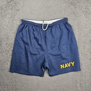 Vintage US Navy Mens PT Athletic Shorts Navy Blue Yellow Elastic Waist Size L